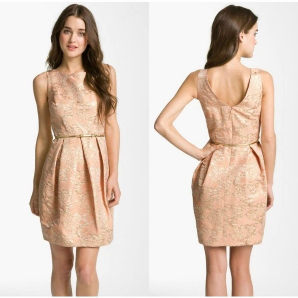 Eliza J Cocktail Knee Length Dress Metallic Gold/Pink Paisley Size 2